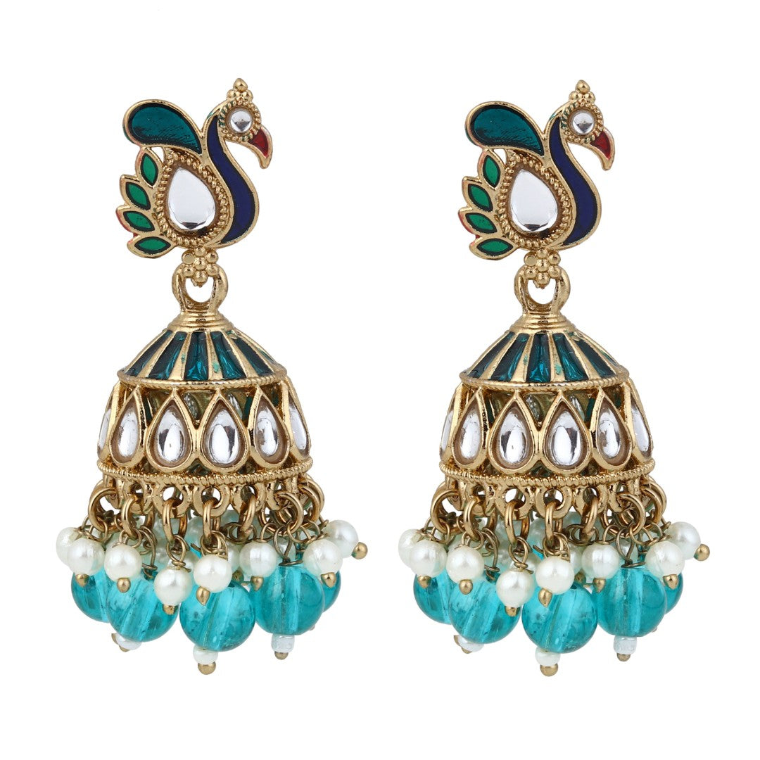 Peacock-inspired jhumka earrings- Blue
