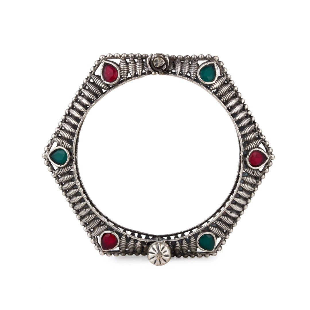 Hexagonal Oxidized Bangle with Red-Green Stones