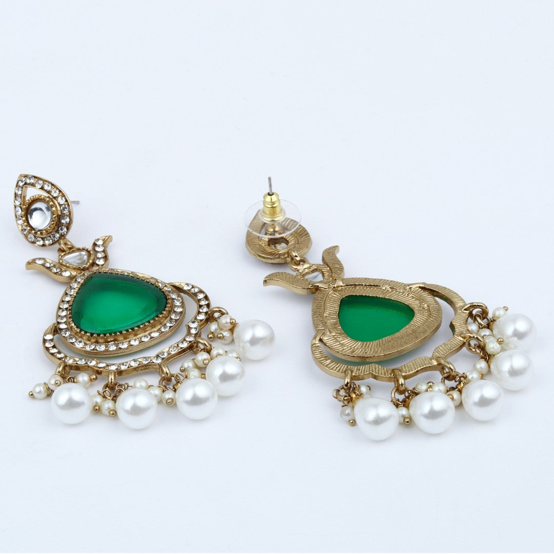 Myra Green Kundan Drop Earrings with Pearl Accents