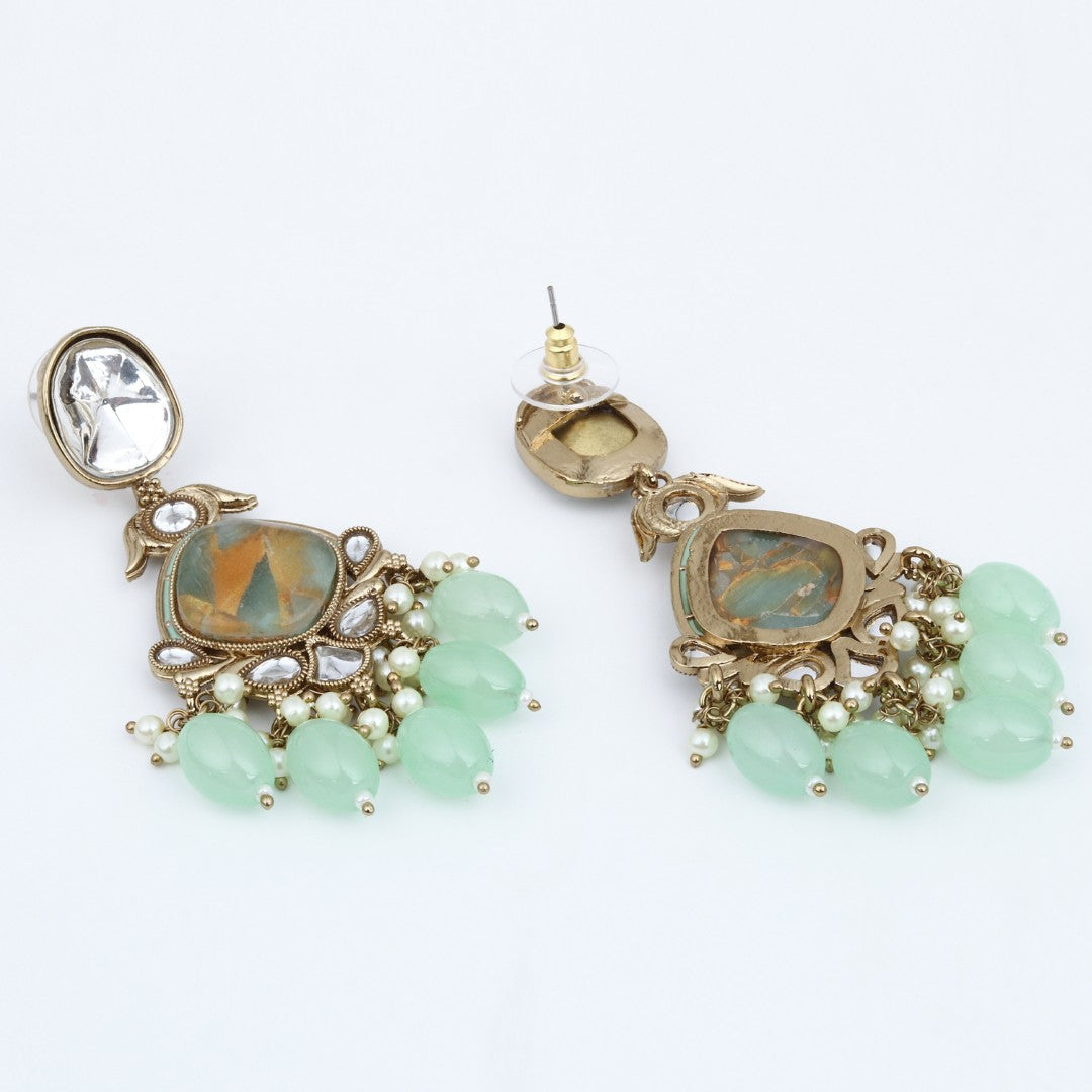 Gold plated two tone Pear shaped stone drop earring - Sage Green