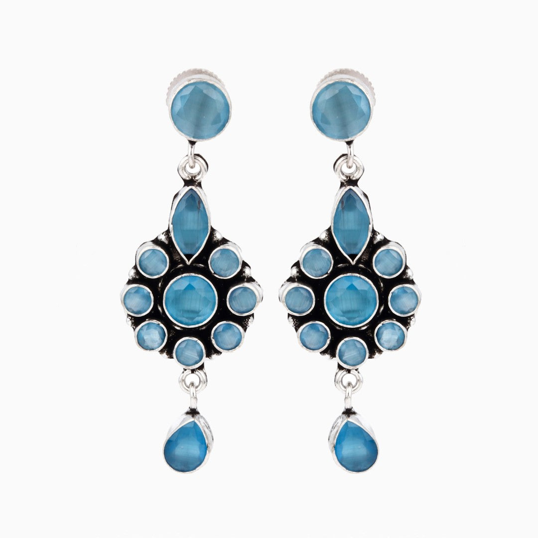 Brass Blue AD Stone Drop Earrings with Floral & Teardrop Design