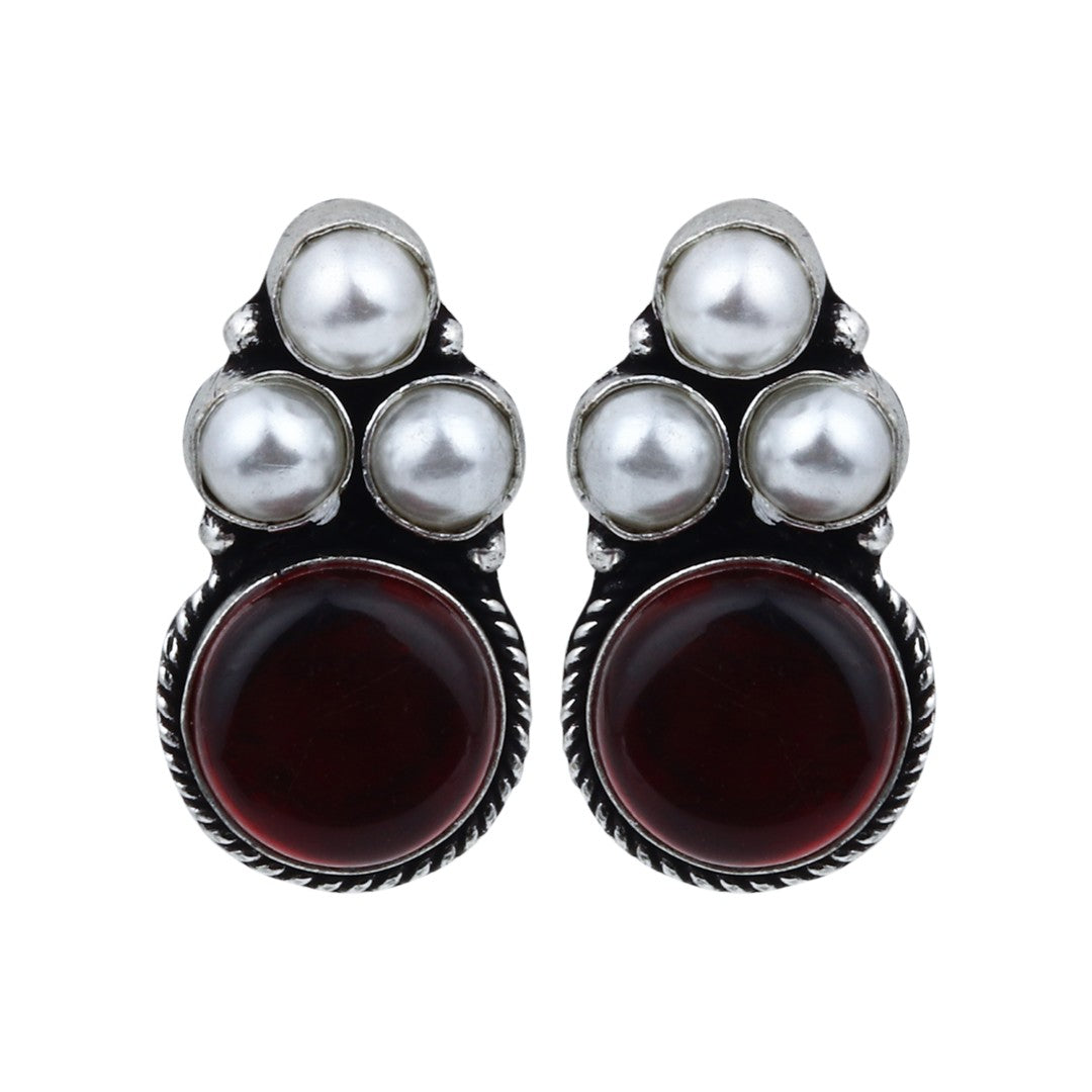 Silver Oxidised finish Pearl & Stone  pendant Set Maroon