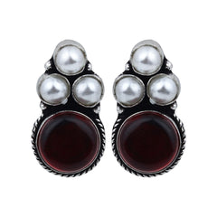 Silver Oxidised finish Pearl & Stone  pendant Set Maroon