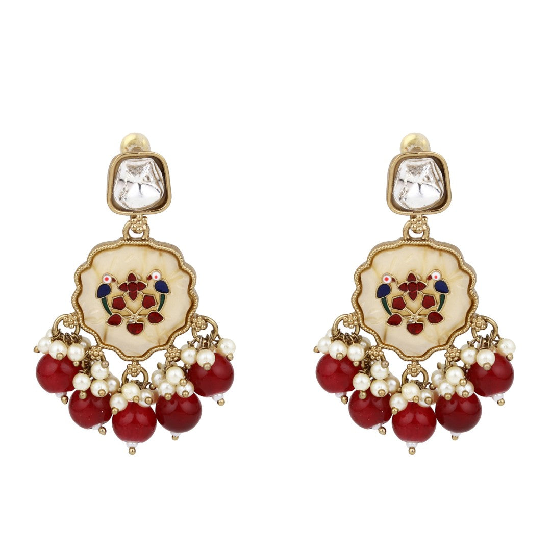 Contemporary kundan, MOP & Meenakari Drop Earring Red
