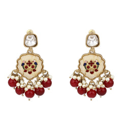 Contemporary kundan, MOP & Meenakari Drop Earring Red