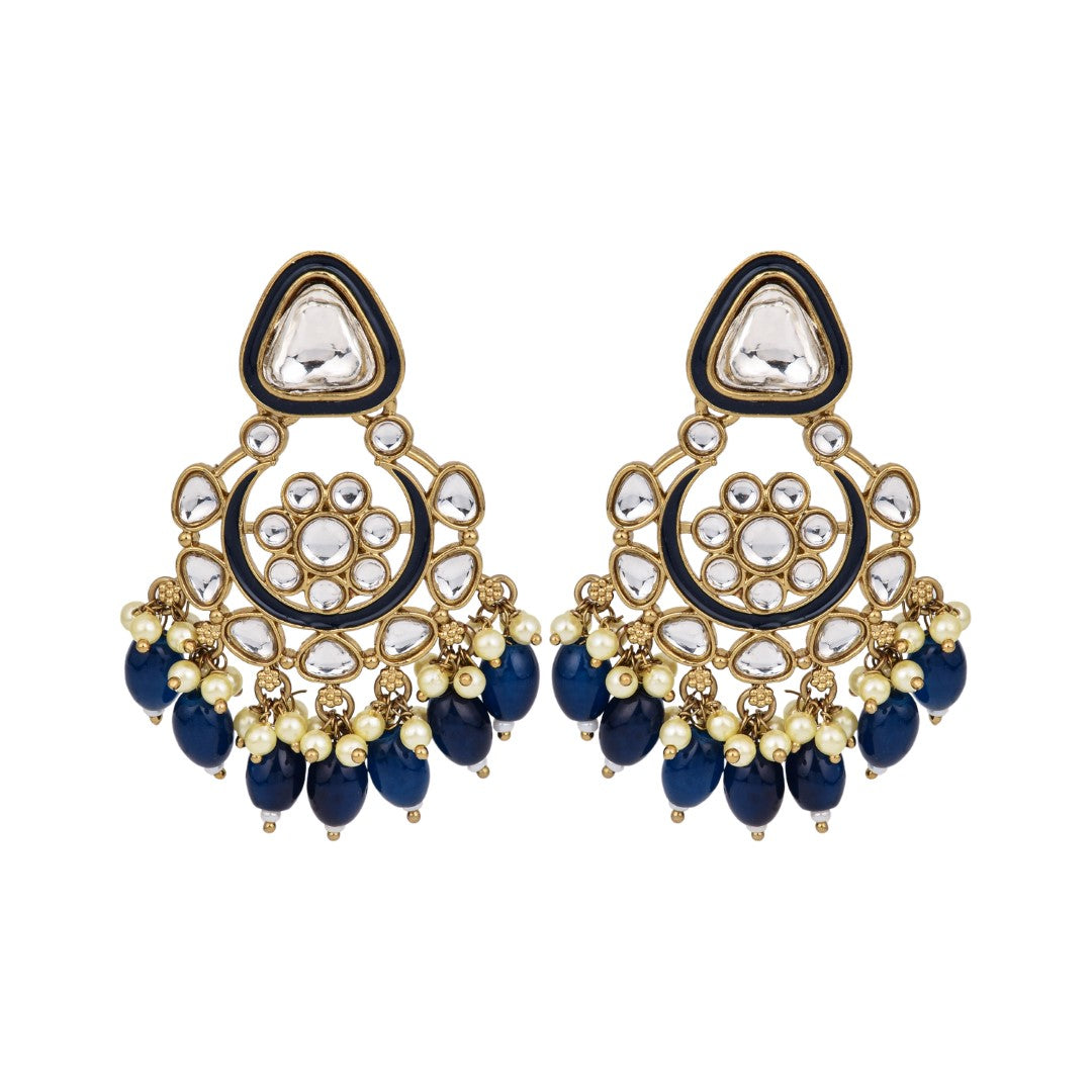 Gold plated kundan & Meenakari Chandbali Earring Blue
