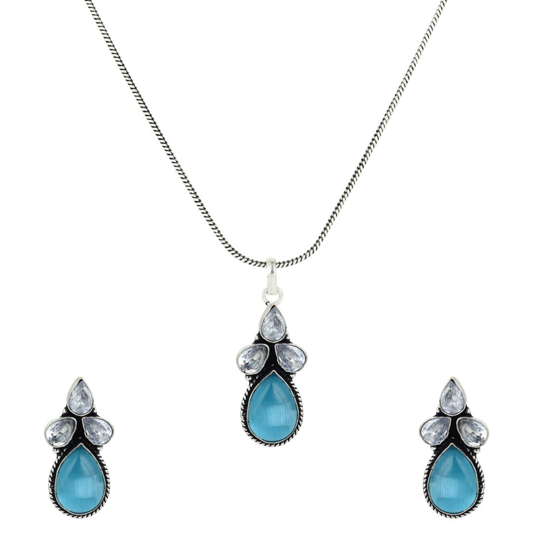 Silver Oxidised finish Blue AD pendant Set
