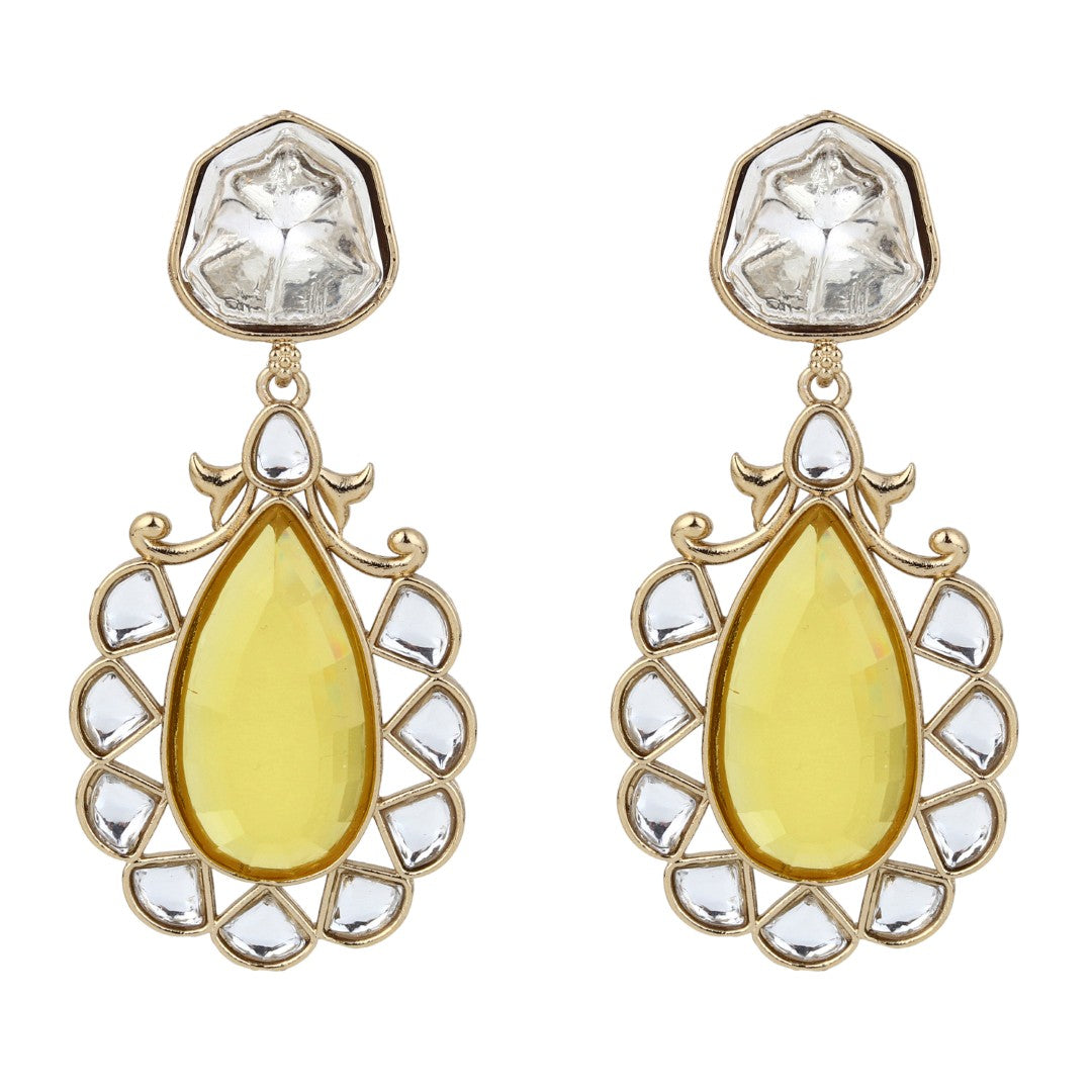 Gold-Plated Yellow Kundan Teardrop Earrings for Women