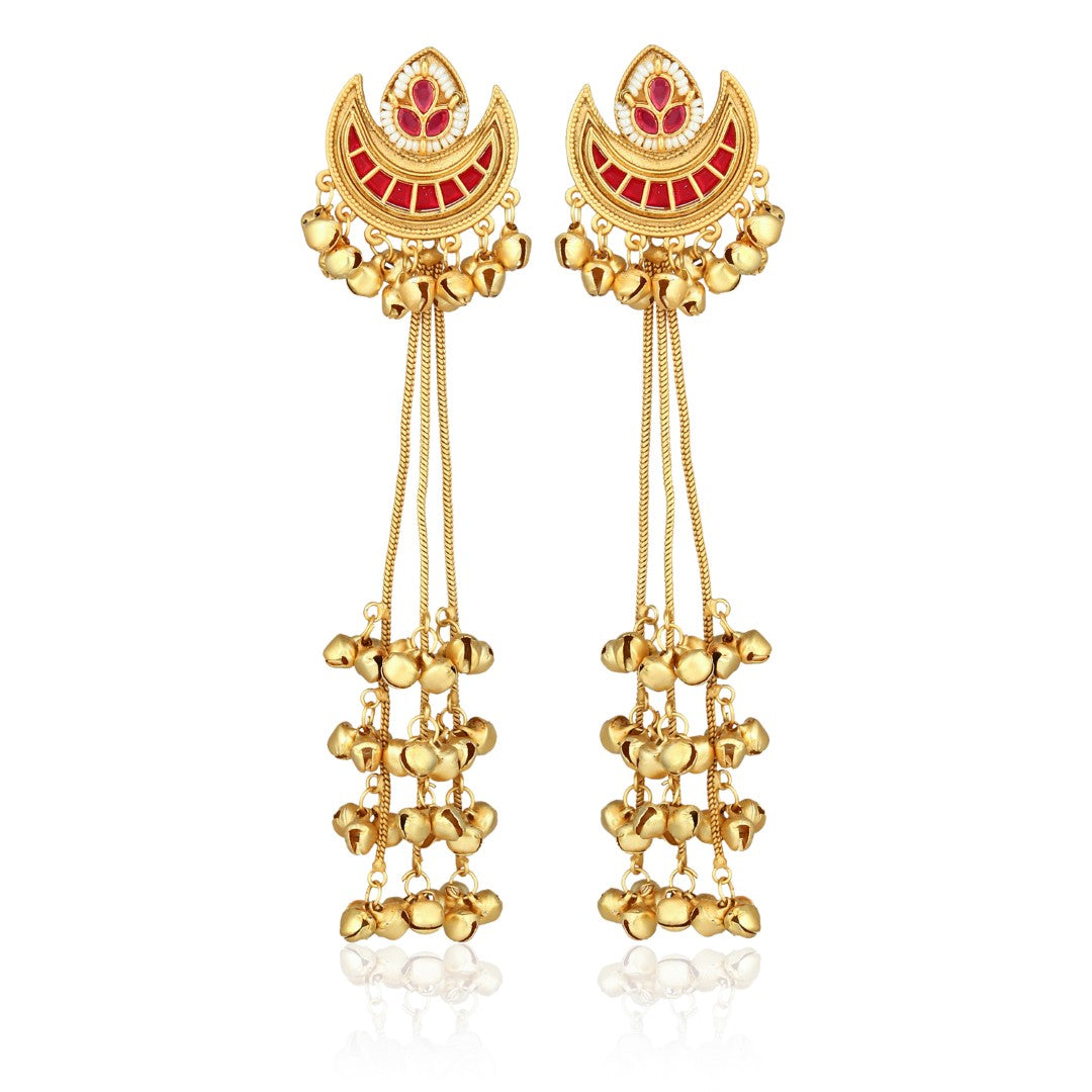 Red Enamel Crescent Moon Jhumka Earrings