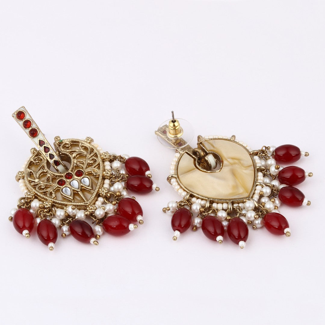 Pear-Shaped MOP Drop Earrings with Red Pearl Charm