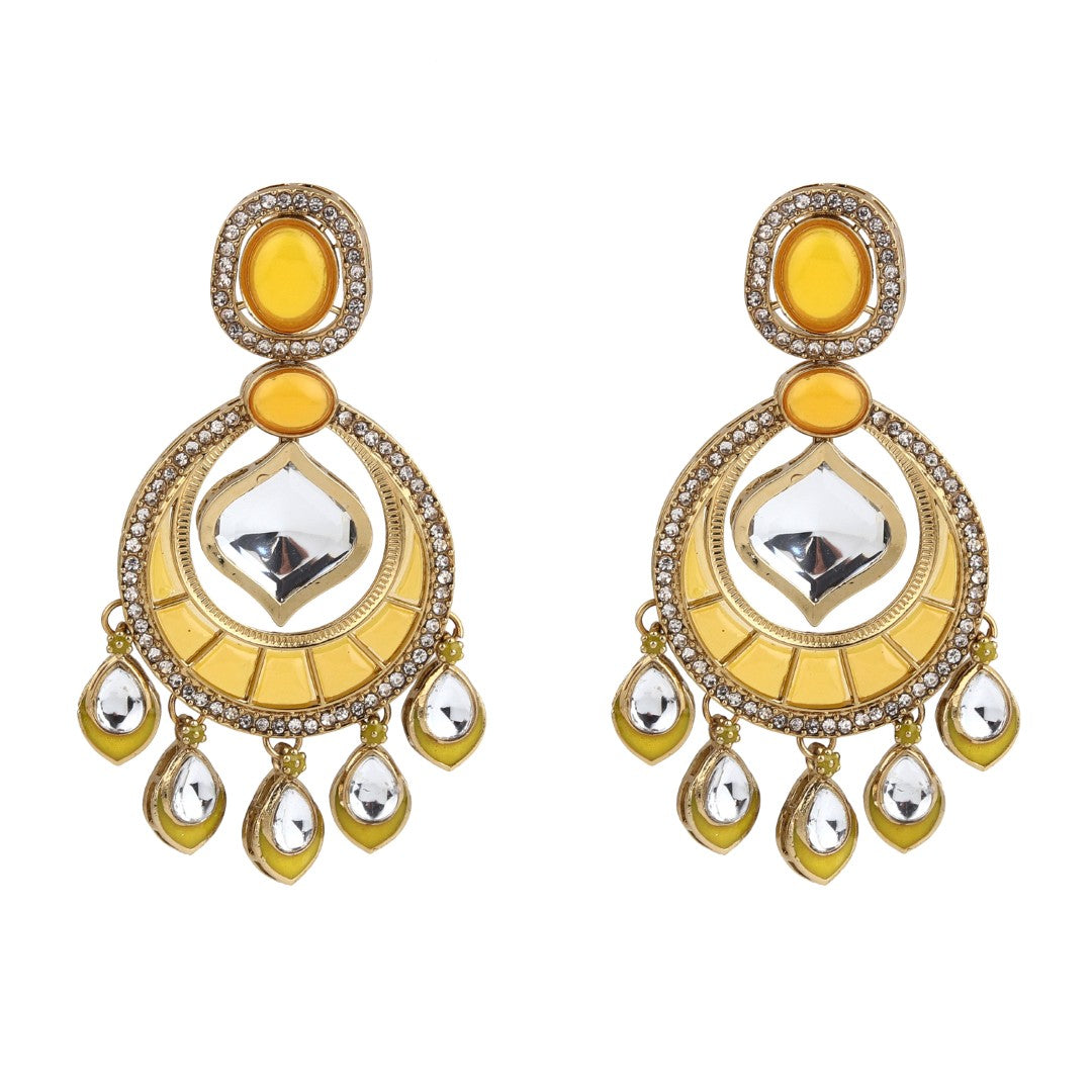 Kundan Chandbali Earrings with Teardrop Danglers- Yellow