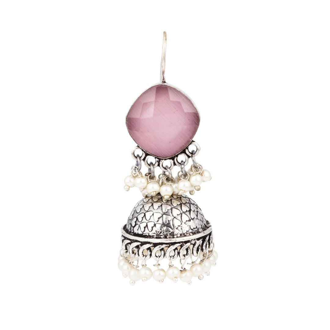 Silver Oxidised finish Jhumka with Pink Stone