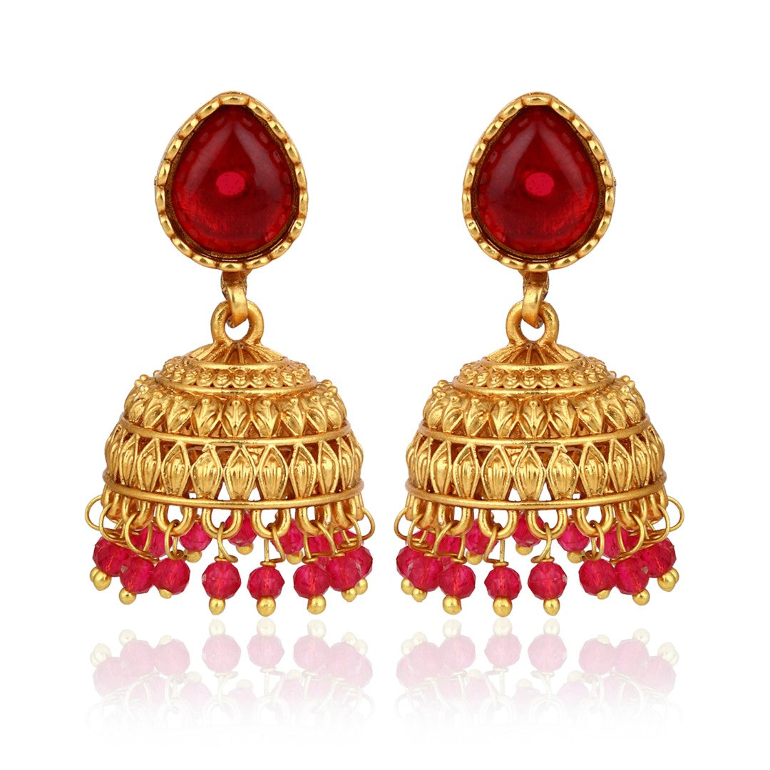 Teardrop Shaped Gold plated Jhumkas Earrings Red