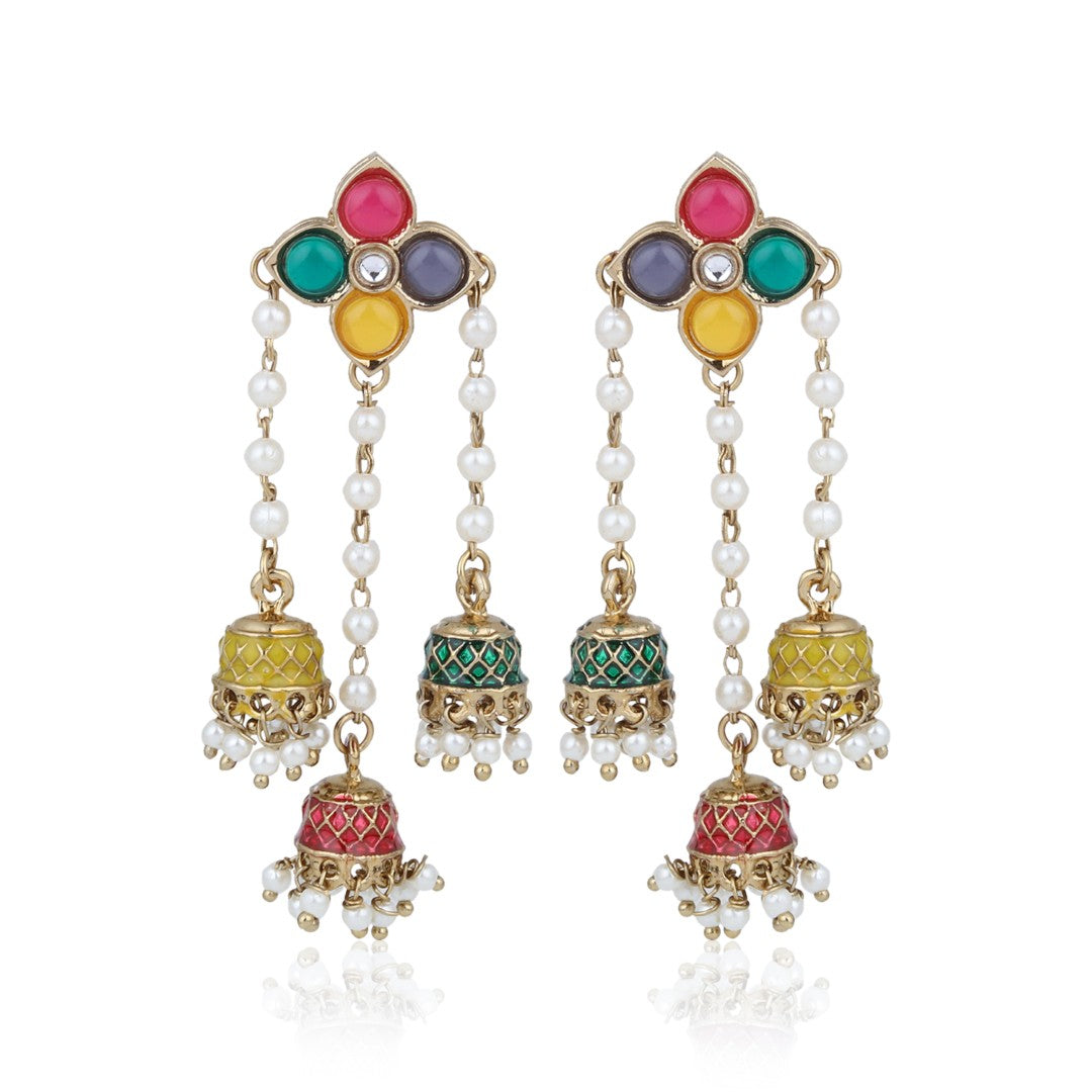 Kundan Pearl Tassel Statement Earrings - Multi