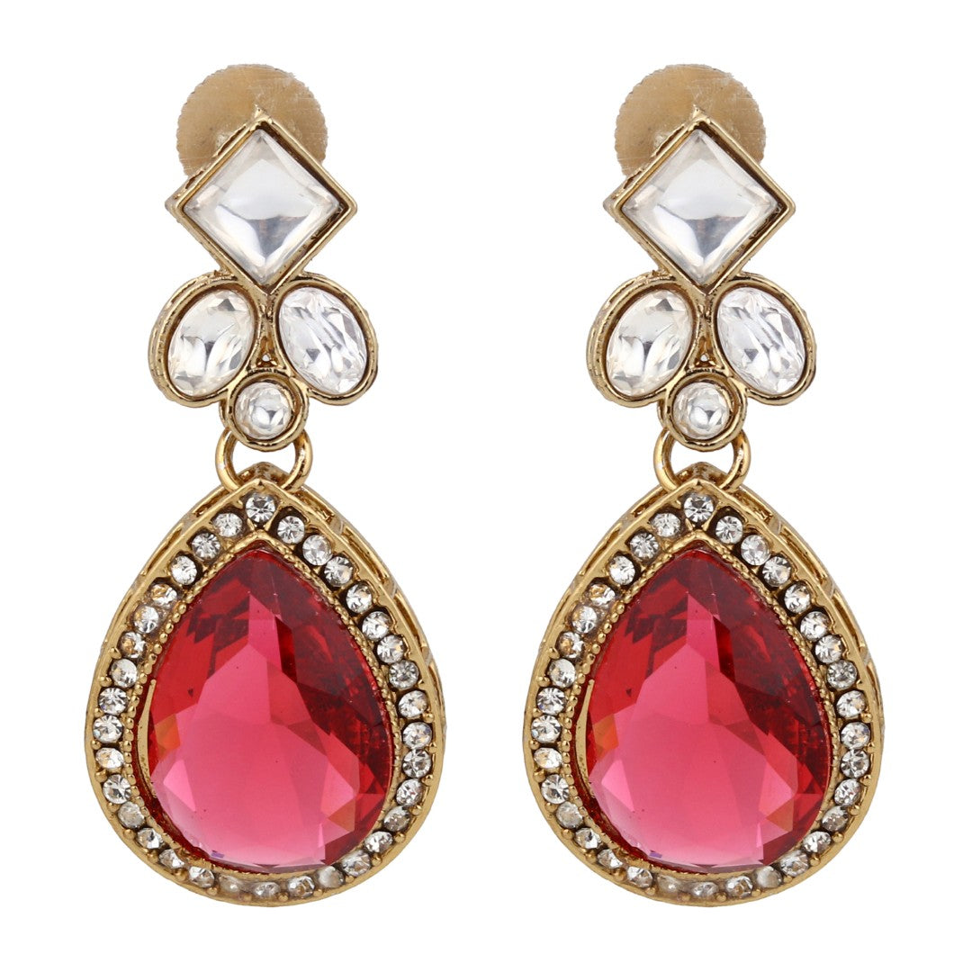 Gold-Toned Teardrop Kundan Crystal Drop Earrings for Women Pink