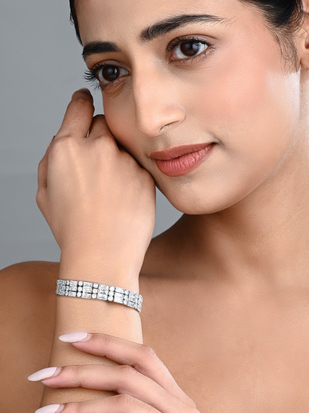 Elegant Silver-Tone CZ Tennis Bangle Bracelet 3 line