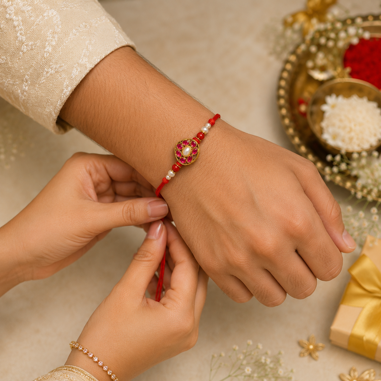 Ruby Kundan Pearl Rakhi – Traditional Handmade Raksha Bandhan Thread