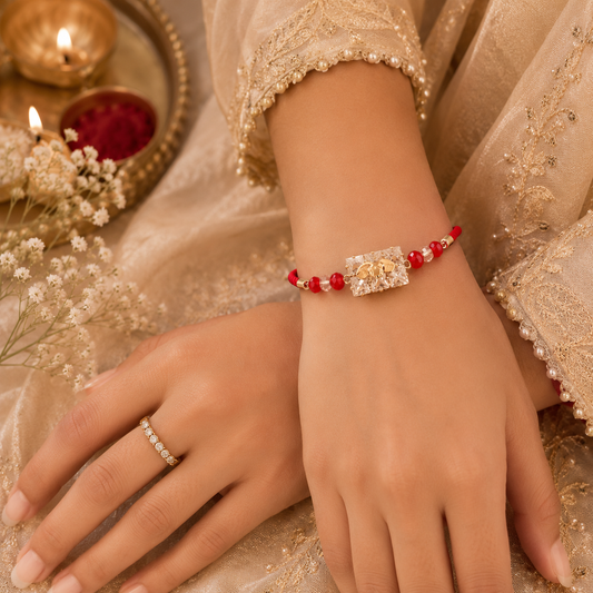 Crystal Twin Heart Rakhi with Red Beads & Adjustable Thread