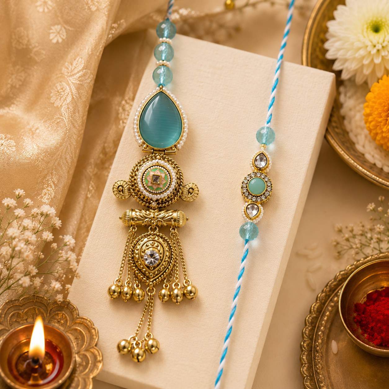Pastel Blue Bhaiya Bhabhi Rakhi Set – Designer Lumba & Stone Rakhi Combo