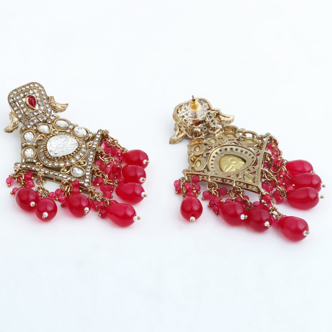 Gold-Toned Kundan Chandelier Earrings with Red Bead Drops