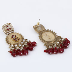 Contemporary kundan, MOP & Meenakari Drop Earring Red