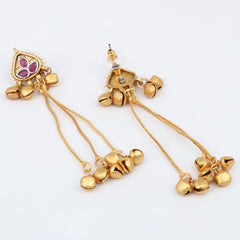Gold-Plated Temple Bell Earrings- Red