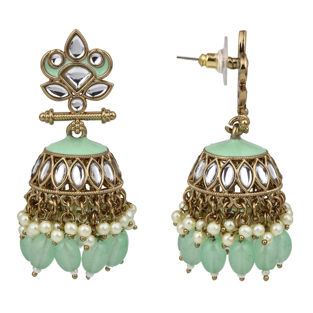 Gold plated Kundan & Meenakari Jhumka Earrings - sage green