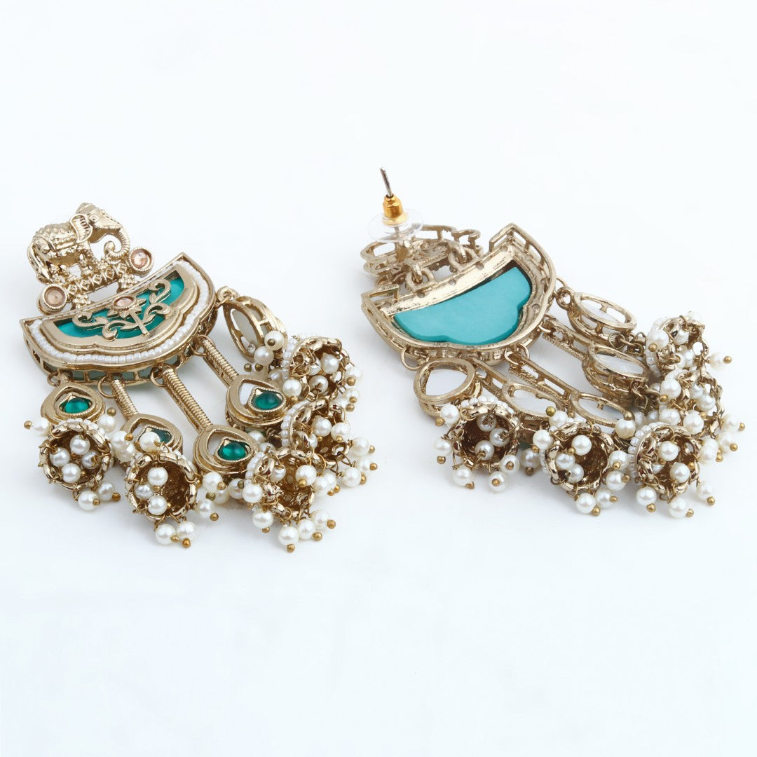 Gold-Toned MOP Chandelier Earrings with Jhumka Drops Green