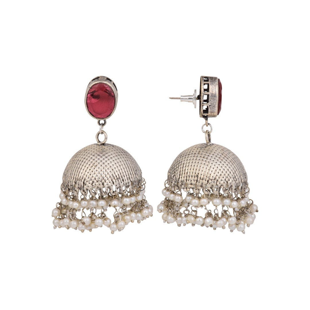 Elegant Silver Oxidised Red Stone Jhumka
