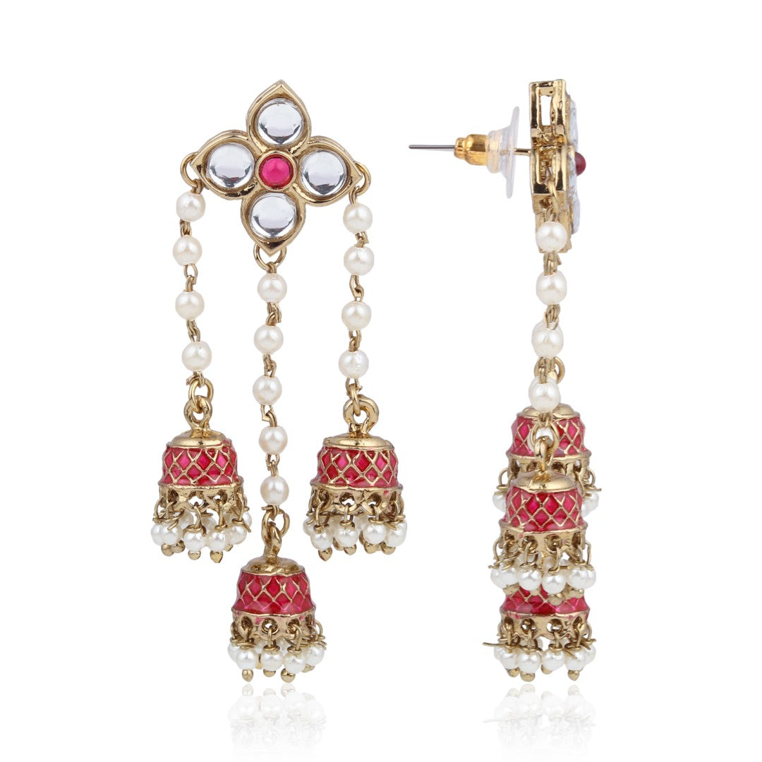 Kundan Pearl Tassel Statement Earrings - Red