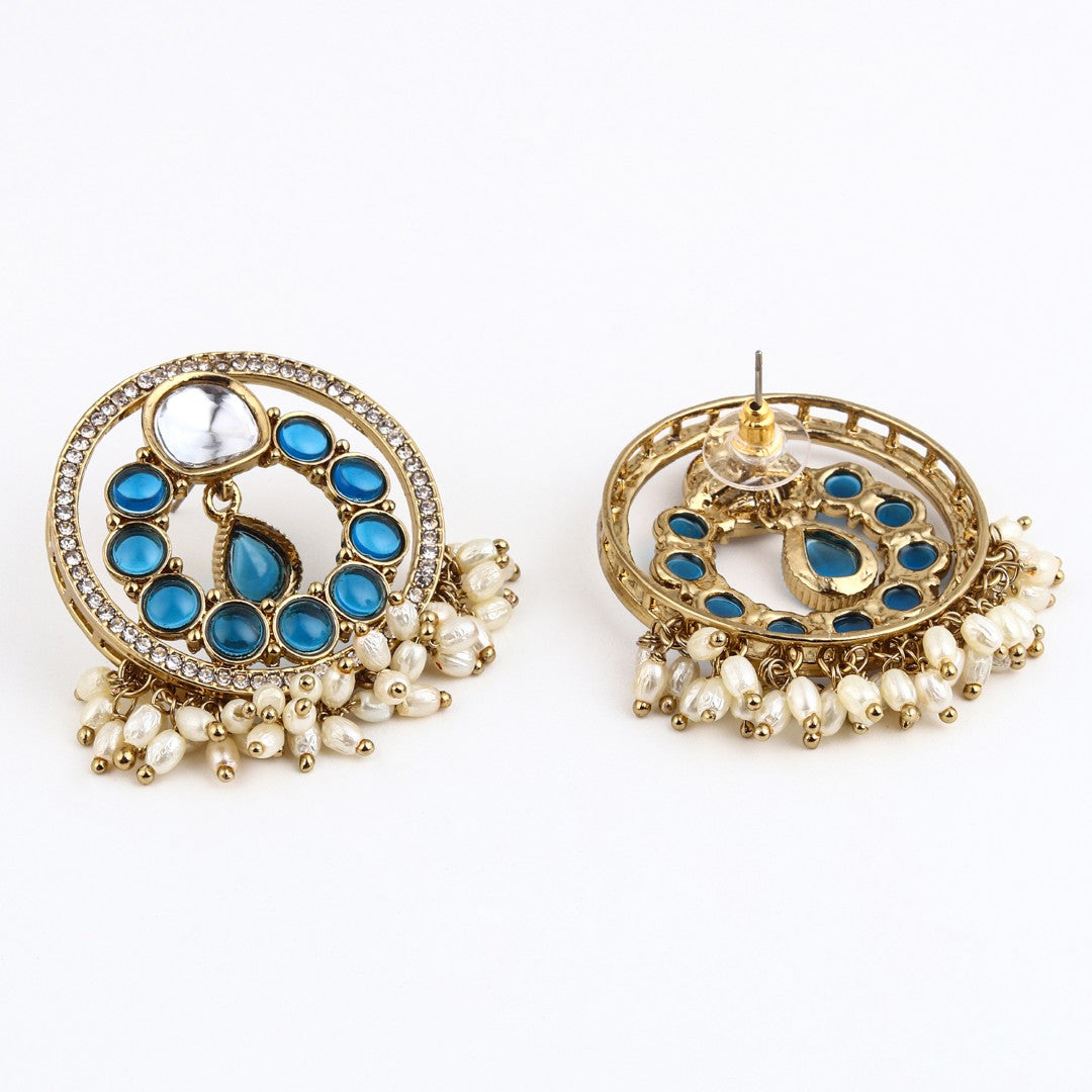 Regal Kundan Pearl Chandbali Earrings - blue