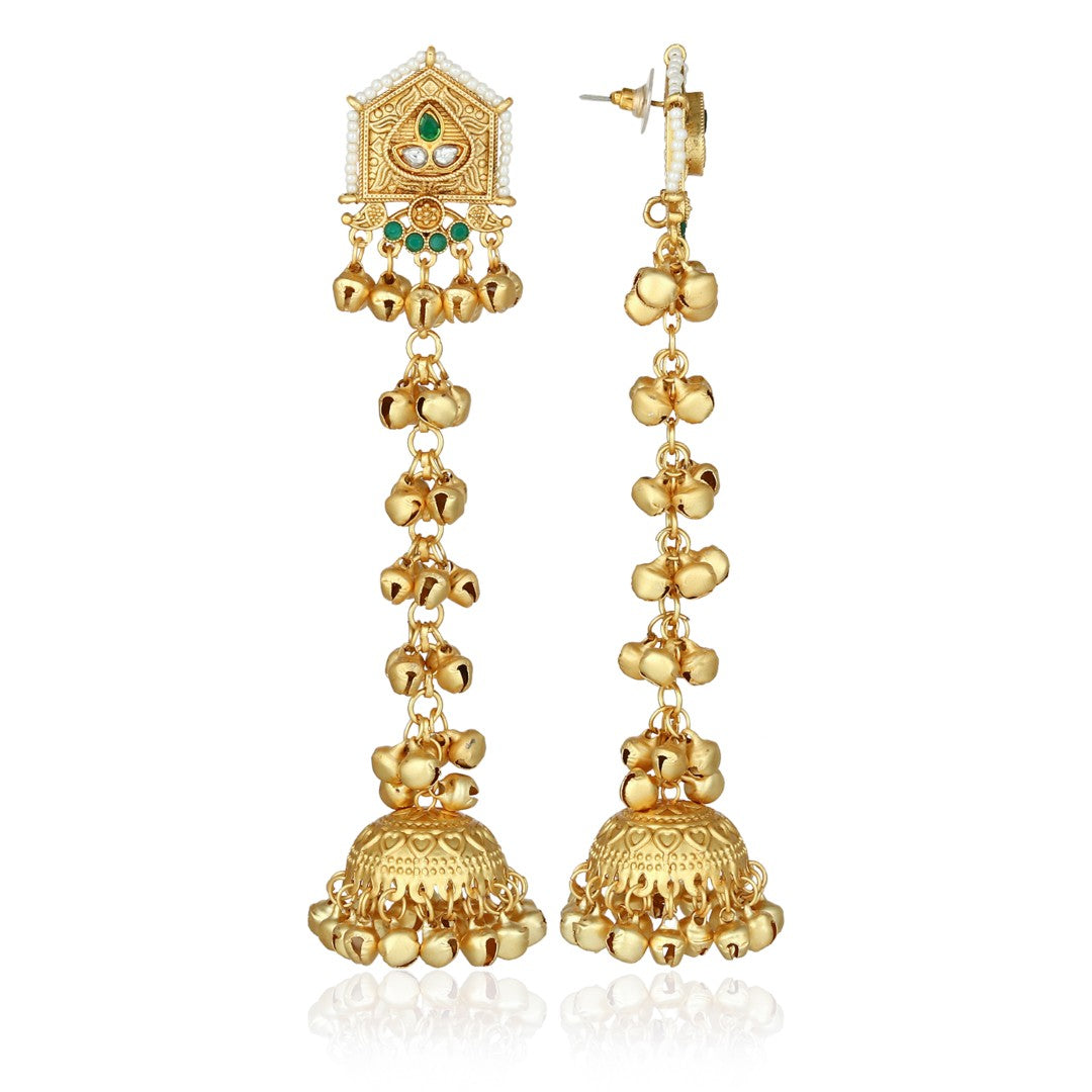 Geometric long drop Green Jhumka Earring