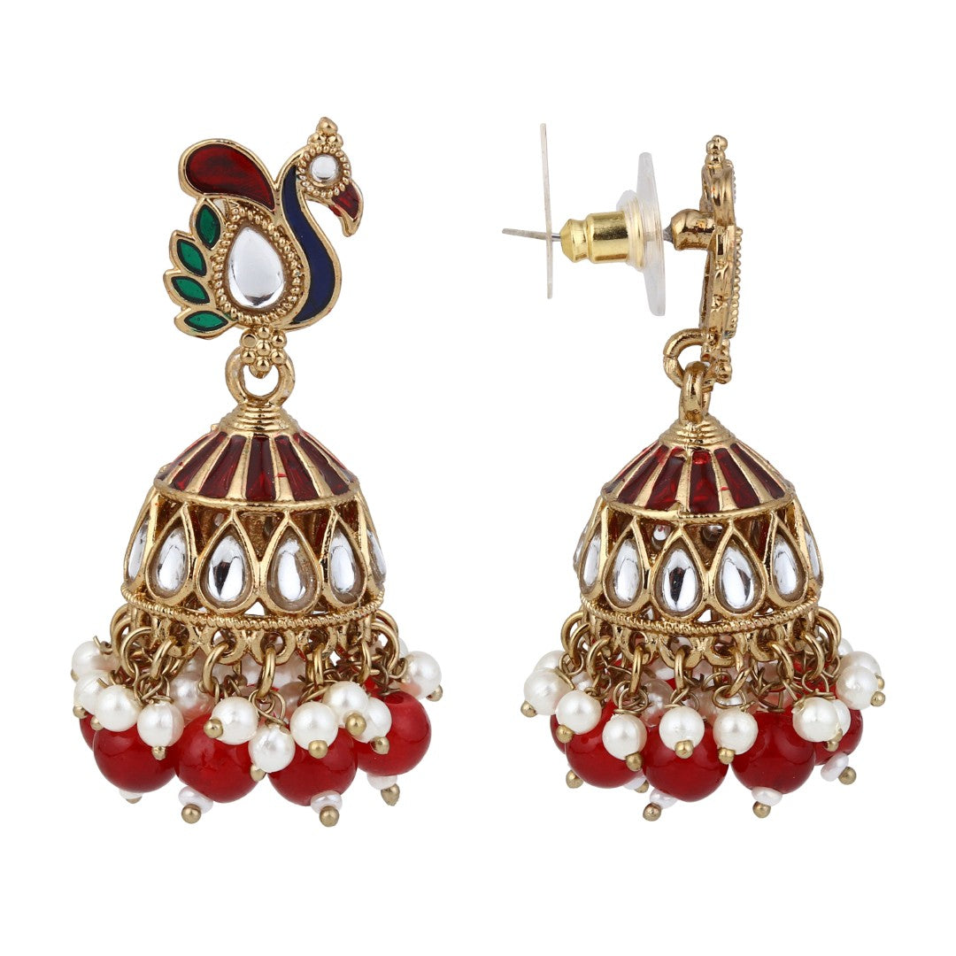 Peacock-inspired jhumka earrings- Red
