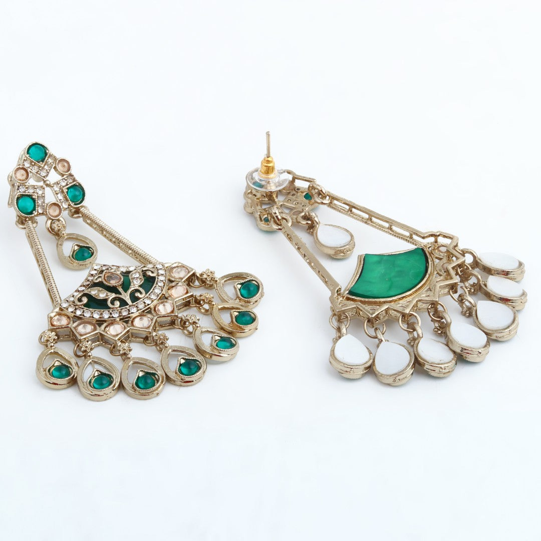Gold-Toned Kundan Chandbali Earrings with Green Stone Accents