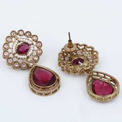 Gold plated Flower Stud with tear drop earring - Wine
