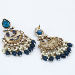 Gold-Plated Meenakari Stud Earrings with Kundan & Pearl Cluster drops - blue