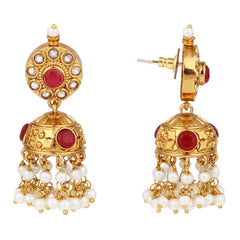 Gold-Plated Kemp Stone Necklace Set with Jhumka Earrings Red