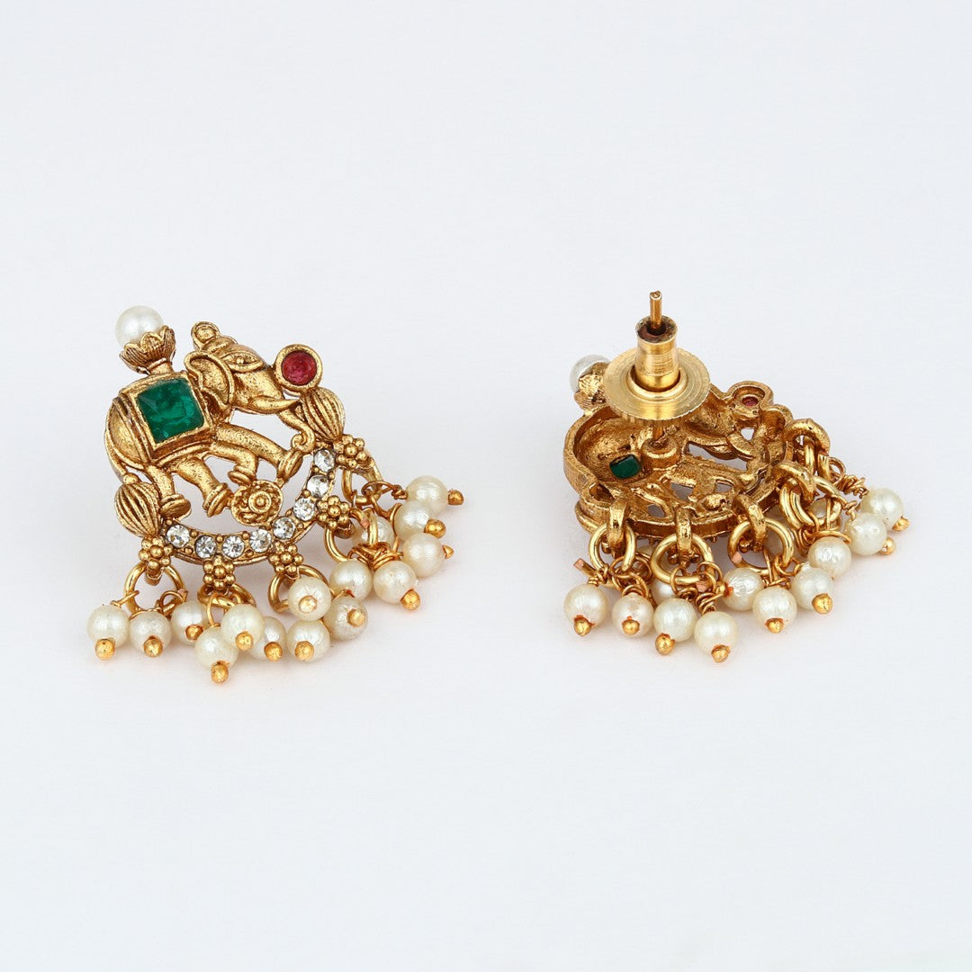 Green Pearl Filigree Elephant Necklace Earrings Set
