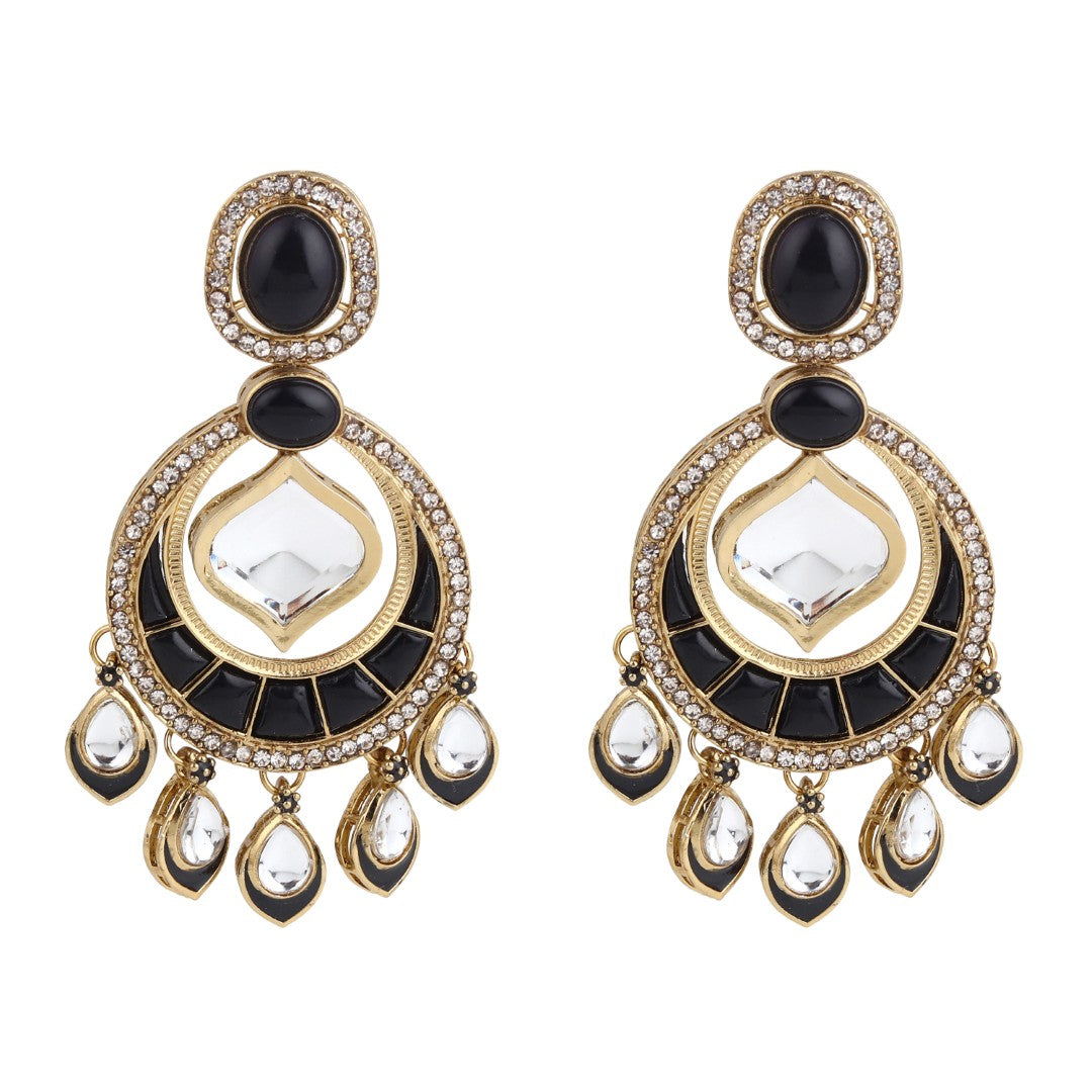 Kundan Chandbali Earrings with Teardrop Danglers- Black