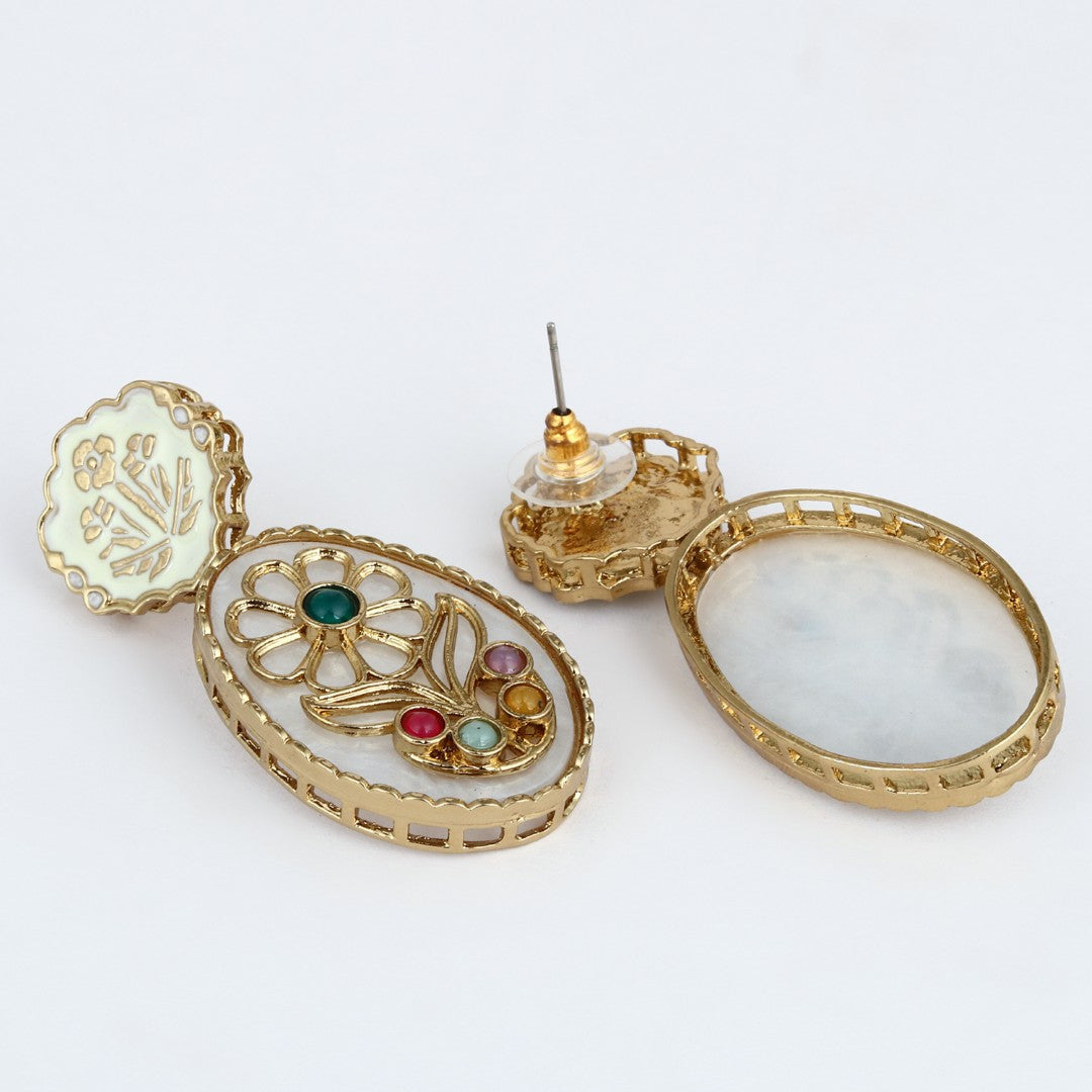 MOP Meenakari Floral Drop Earrings - Green