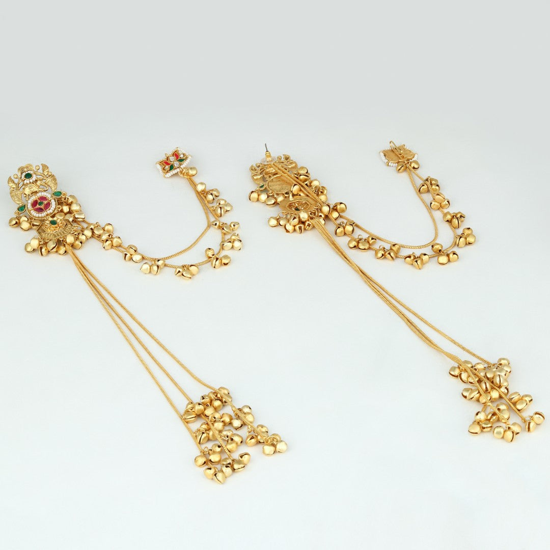 Gold-Tone Kundan &Green & Red Stone Kashmiri Long Chain Earrings