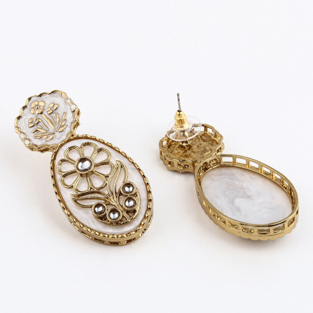 MOP Meenakari Floral Drop Earrings - White