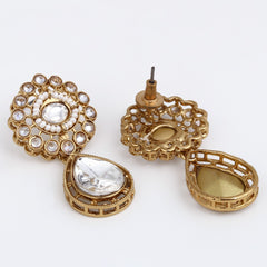 Gold plated Flower Stud with tear drop earring - White