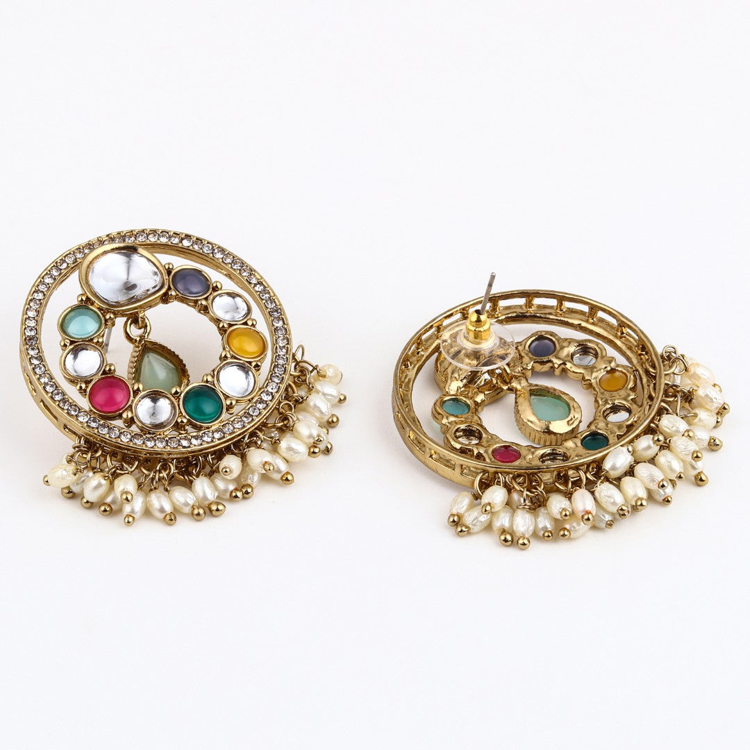Regal Kundan Pearl Chandbali Earrings - Multi
