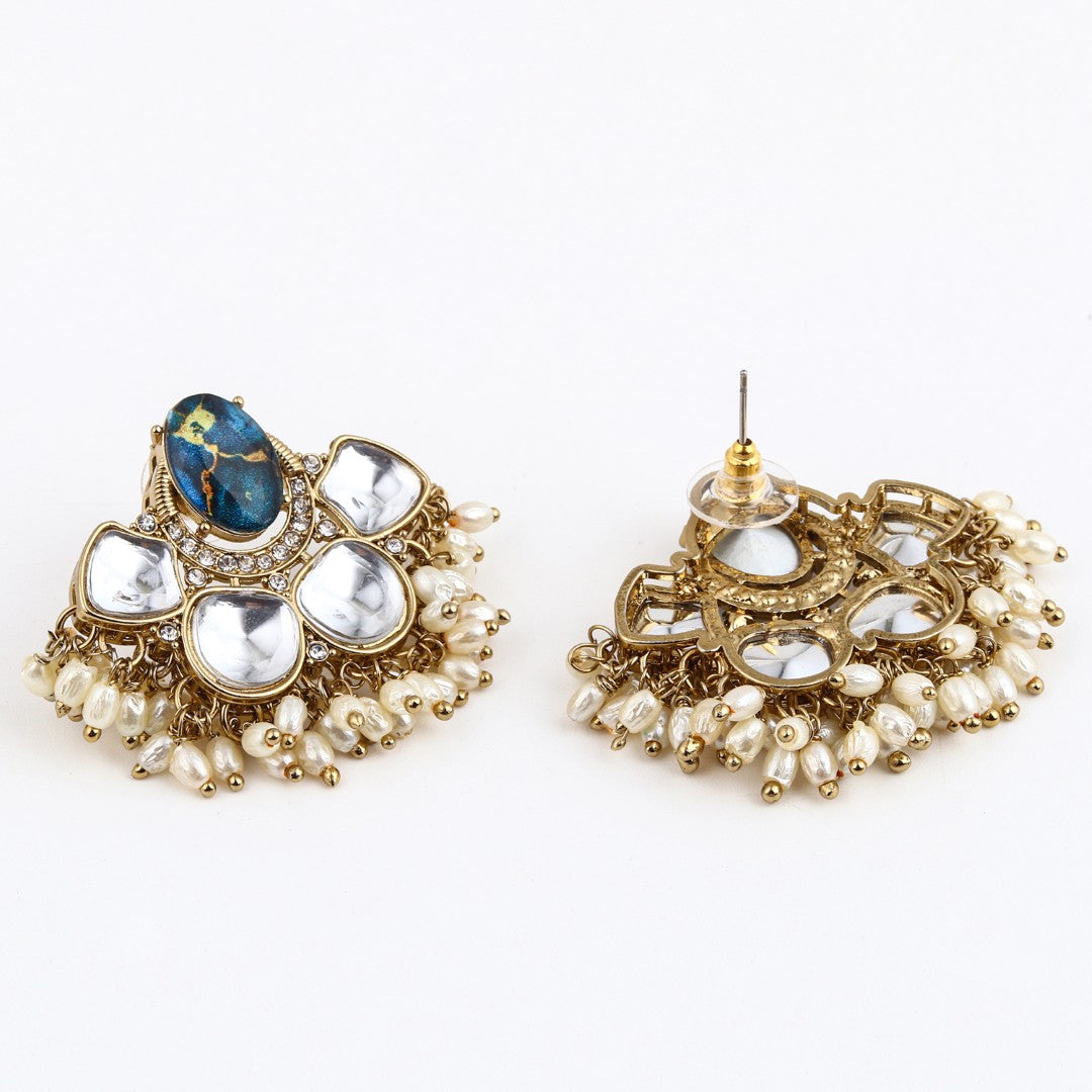 Gold-Plated Blue Kundan Half Chandbali Earrings