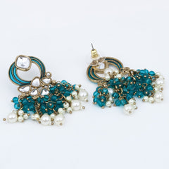 Gold-Plated Meenakari Stud Earrings with Kundan & Pearl Cluster drops - Teal