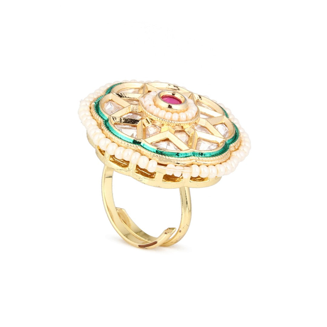 Green enamel Kundan Floral Ring