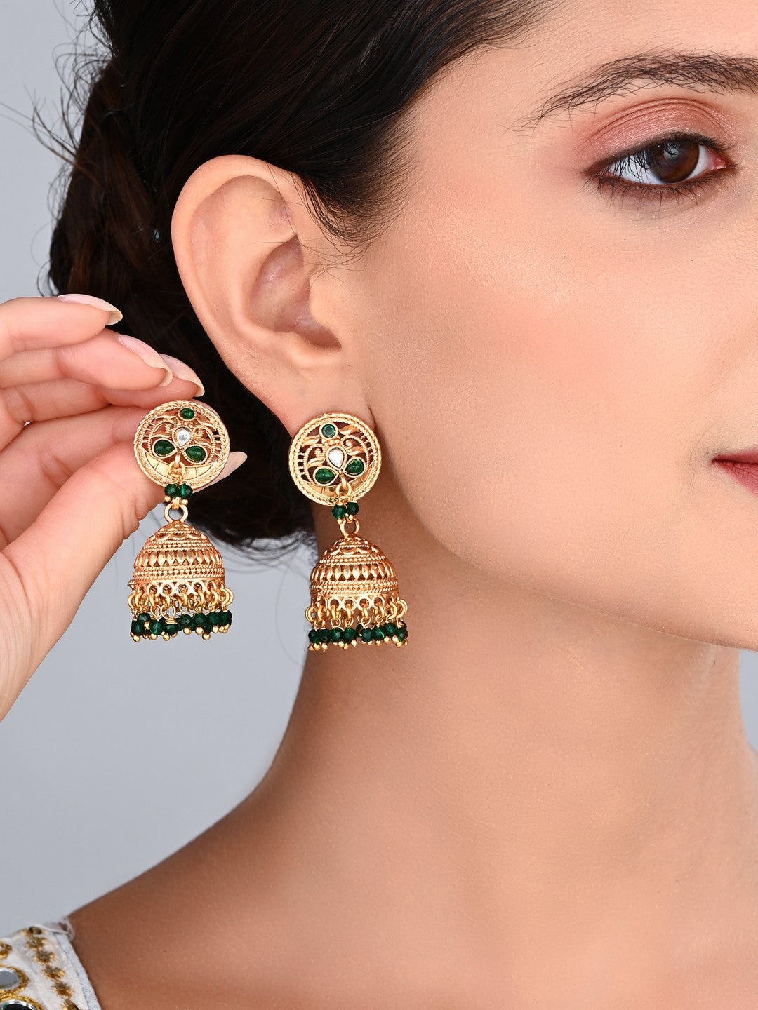 Green Stone Gold-Toned Jhumka Earrings