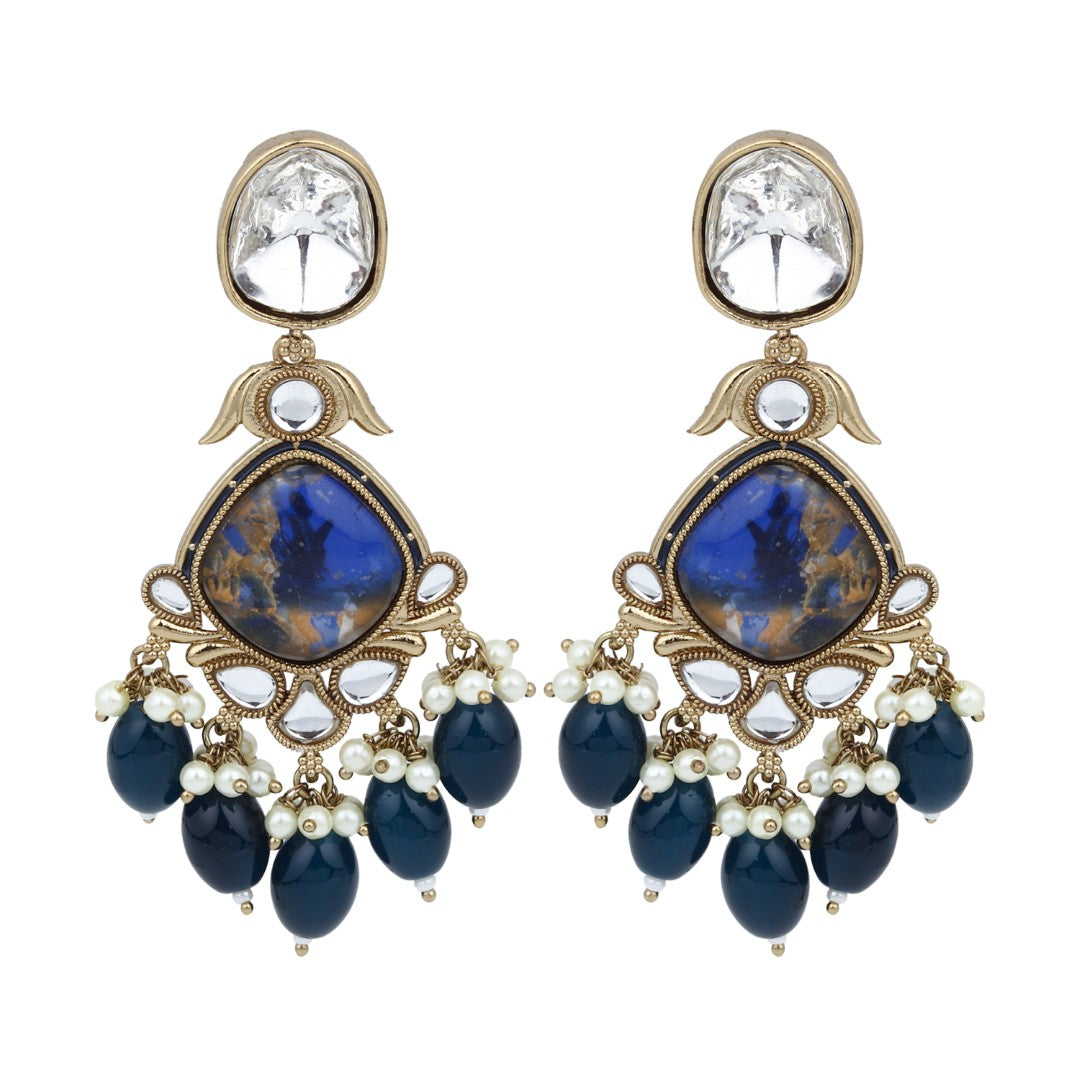 Gold plated two tone Pear shaped stone drop earring - Blue