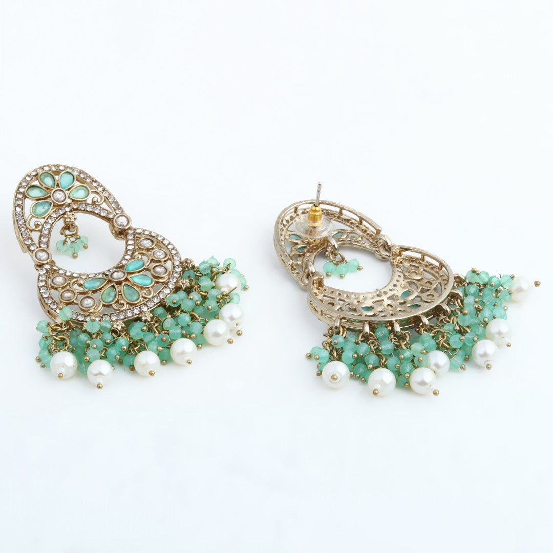 Gold-Toned Kundan Drop Earrings with Mint Green Bead Fringe